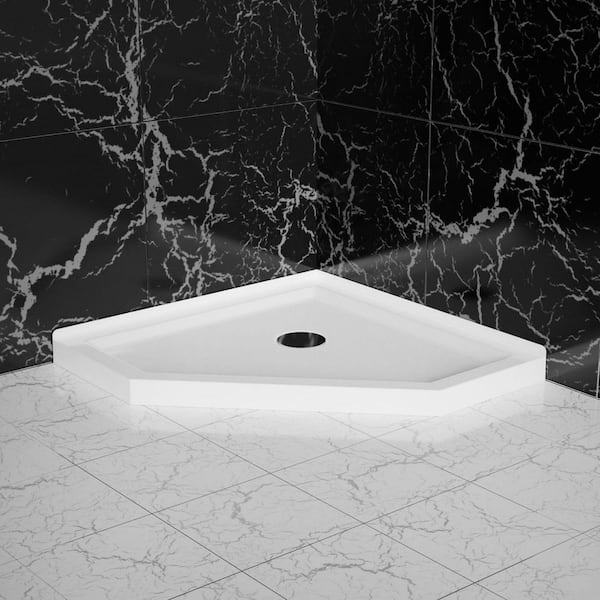 36 in. L x 36 in. W x 3.4 in. H Corner Neo Angle Acrylic Shower Pan Base with Center Drain in White, Double Threshold