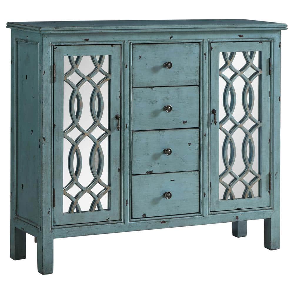Antique Blue Wooden Accent Cabinet with Mirrored Doors