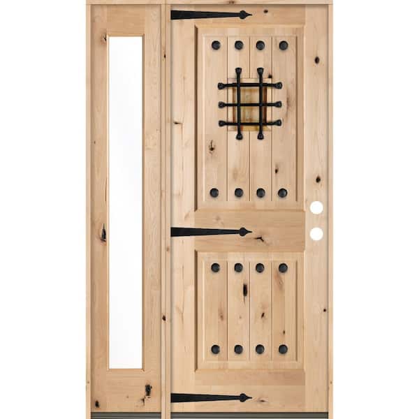 Krosswood Doors 44 in. x 80 in. Mediterranean Alder Sq Clear Low-E Unfinished Wood Left-Hand Prehung Front Door with Left Full Sidelite