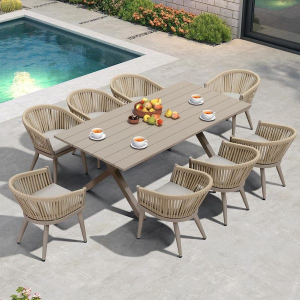 9-Piece Aluminum All-Weather PE Rattan Rectangular Outdoor Dining Set with Cushion, Champagne