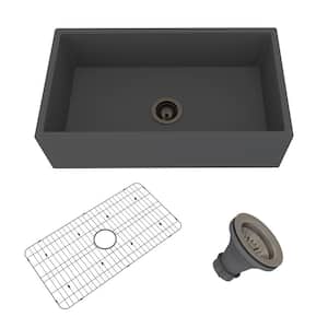 33 in. Farmhouse/Apron-Front Single Bowl Black Earth S4 Concrete Kitchen Sink with Bottom Grid and Strainer Basket