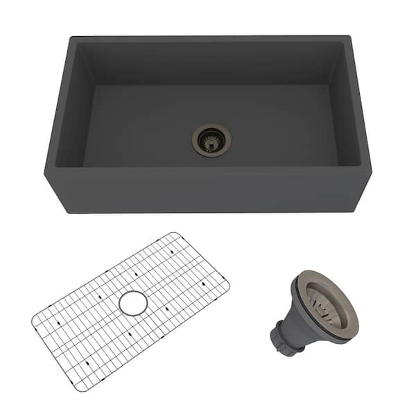 Boyel Living 33 in. Farmhouse/Apron-Front Single Bowl Black Earth S4 Concrete Kitchen Sink with Bottom Grid and Strainer Basket