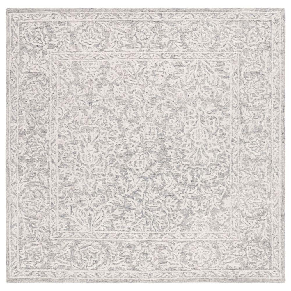 Gray Floral Hand-Tufted Wool Area Rug, 6' Square