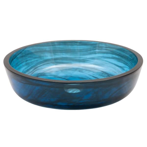 Eden Bath Transparent Blue Glass Round Vessel Sink with Flat Bottom