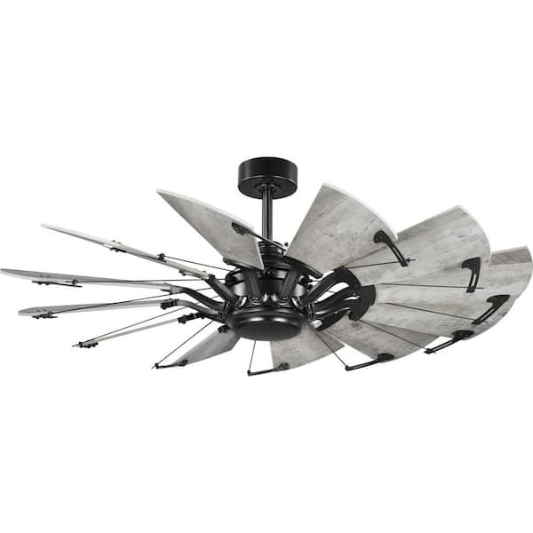 Progress Lighting Springer 52 in. Indoor Matte Black Farmhouse Windmill Ceiling Fan with Remote Included for Living Room