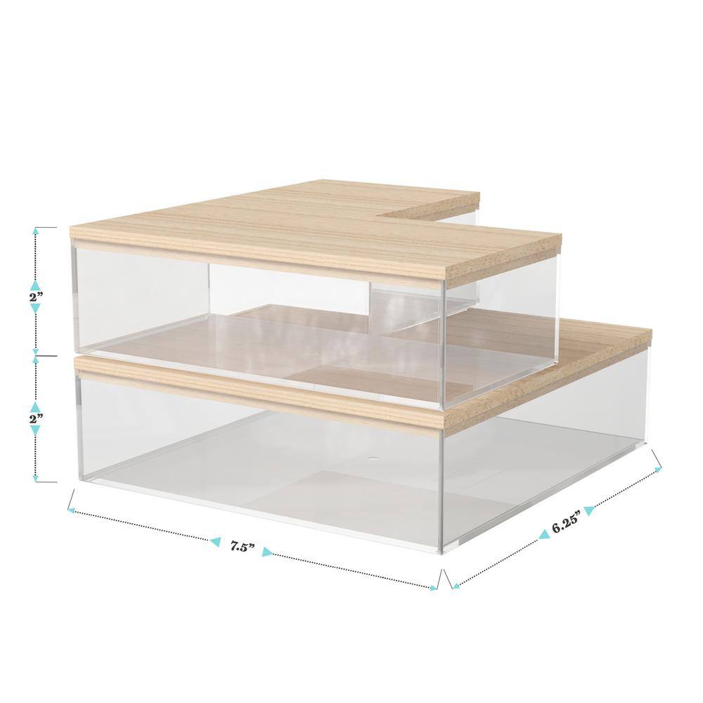 Clear Plastic Storage Organizer Bins with Light Wood Lids, Set of 3