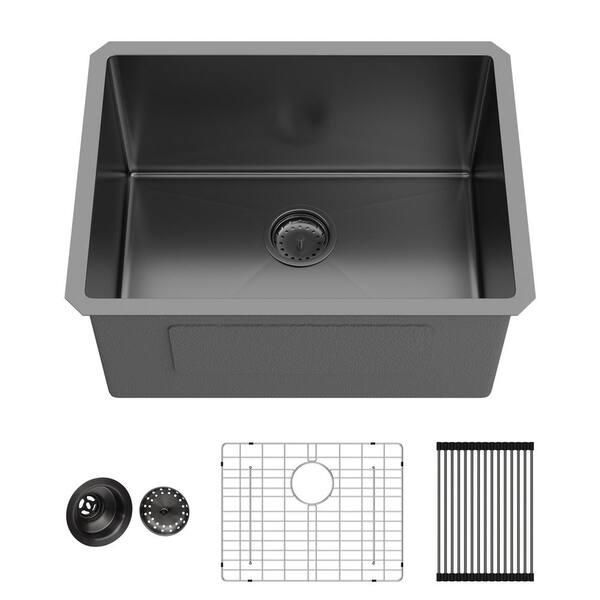 24 in. Undermount Single Bowl 16 Gauge Gunmetal Black Stainless Steel Kitchen Sink with Bottom Grids