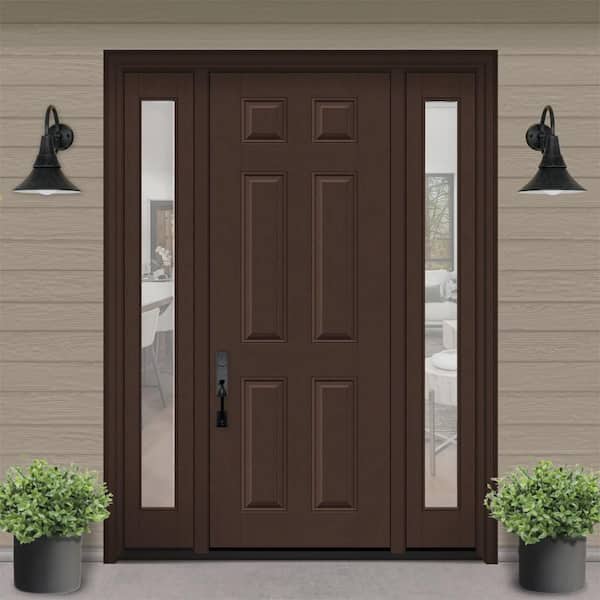 Regency 68 in. x 96 in. 6 Panel RHIS Chestnut Stain Mahogany Fiberglass Prehung Front Door w/Clear14in. SLs 6-9/16