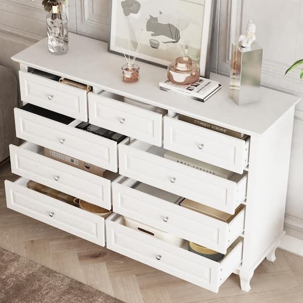 FUFU&GAGA 9-Drawer White Wood Dresser Bedroom Storage Cabinet Modern Style 37 in. H x 55.1 in. W x 15.7 in. D