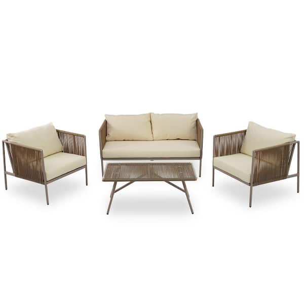 Sudzendf 4-Piece Wicker Rope Sofa Set All-Weather Patio Furniture Set with Beige Cushions