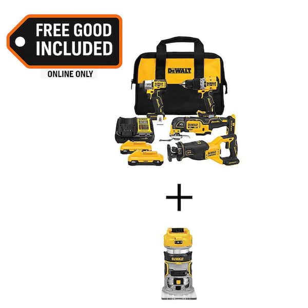 20V MAX Lithium-Ion Cordless 4-Tool Combo Kit and 20V Brushless Fixed Base Compact Router w/ (2) 4Ah Batteries & Charger