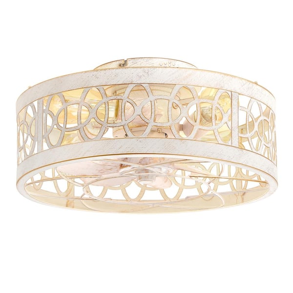 Breezary 16.5 in. Indoor White/Gold Caged Flush Mount Ceiling Fan with Metal Light Kit and Remote Control Included
