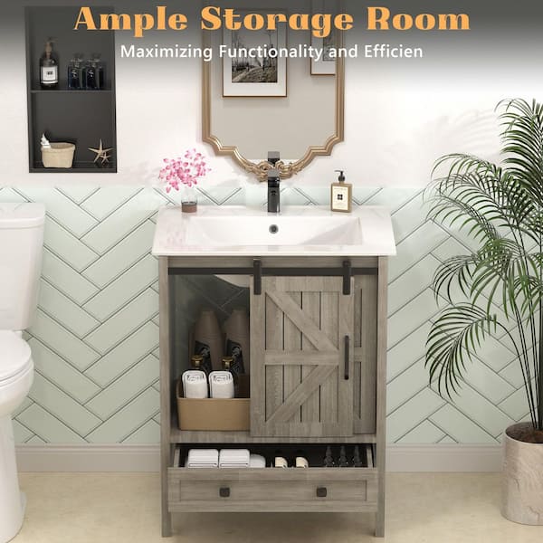 24 in. Single Sink Freestanding Wood Barn Door Bath Vanity with White Ceramic Top Unassembled, Rustic Sliding Cabinet