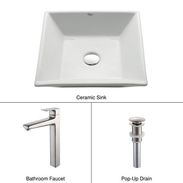 KRAUS Flat Square Ceramic Vessel Sink in White with Virtus Faucet in Brushed Nickel