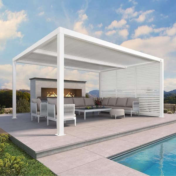 12 ft. x 16 ft. White Aluminum Louvered Pergola with 2 Adjustable Sunshade Roofs and 1-Short Side Fixed Shutter Wall