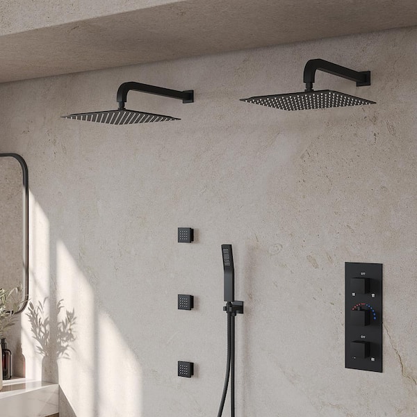 GRANDJOY 12 in. and 12 in. ZenithRain Shower System 8-Spray Dual Wall Mount Fixed and Handheld Shower Head 2.5 GPM in Matte Black