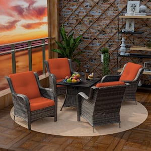 5-Piece 4-Seat Rattan Wicker Patio Conversation Set with Orange Cushions and Fire Pit Table