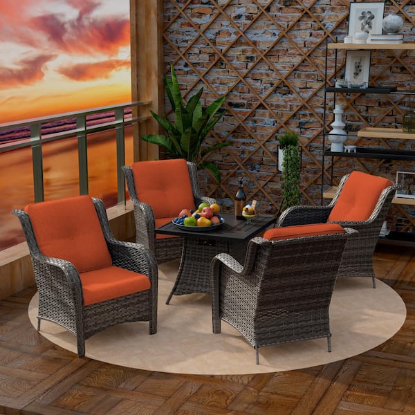 MeetLeisure 5-Piece 4-Seat Rattan Wicker Patio Conversation Set with Orange Cushions and Fire Pit Table