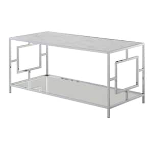 Town Square 42 in. Chrome Rectangle White Faux Marble Coffee Table with Shelf