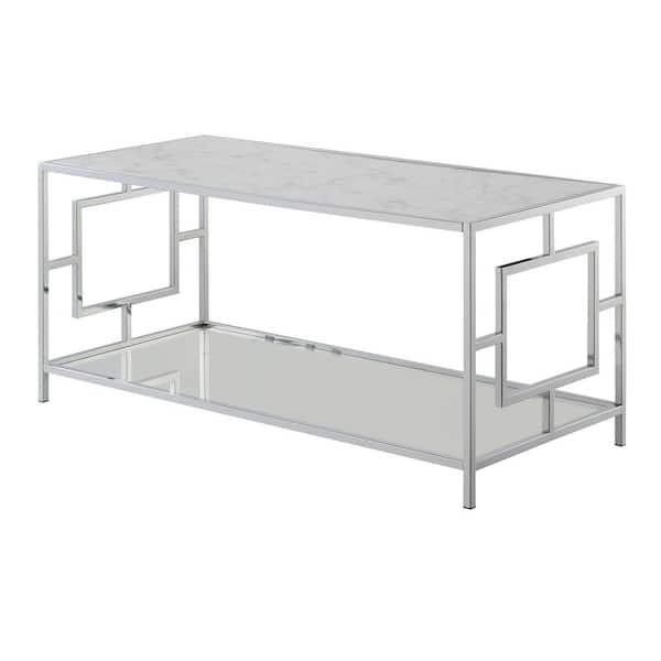 Convenience Concepts Town Square 42 in. Chrome Rectangle White Faux Marble Coffee Table with Shelf