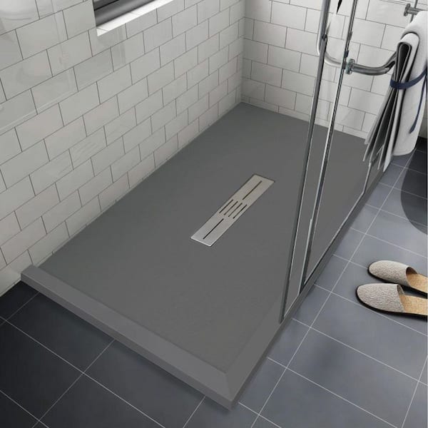 Trimslate 59.1 in. L x 31.5 in. W Corner Custom Shower Pan Base with Center Drain and Double Threshold in Dark Grey