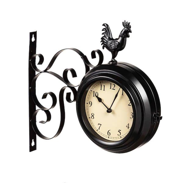 Evergreen 14.6 in. x 12.6 in. Black Metal Rooster Outdoor Clock Wall Sculpture