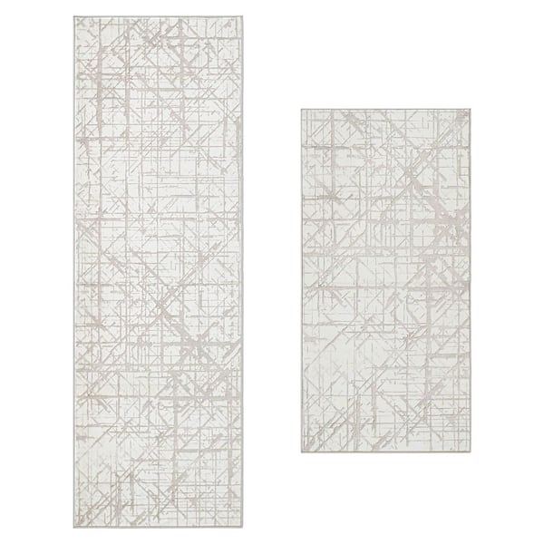 Aria Ivory 2 ft. x 6 ft. Woven Abstract Polyester 2-Piece Rug Set
