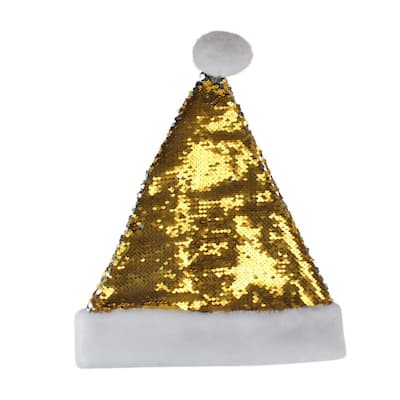 15 in. Gold and Silver Reversible Sequined Christmas Santa Hat with Faux Fur Cuff