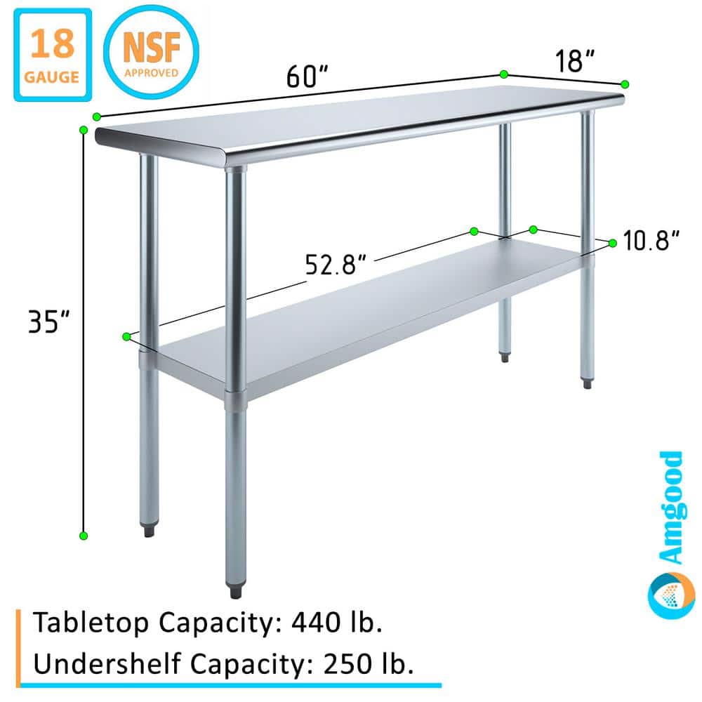 60" Stainless Steel Kitchen Utility Table with Galvanized Undershelf