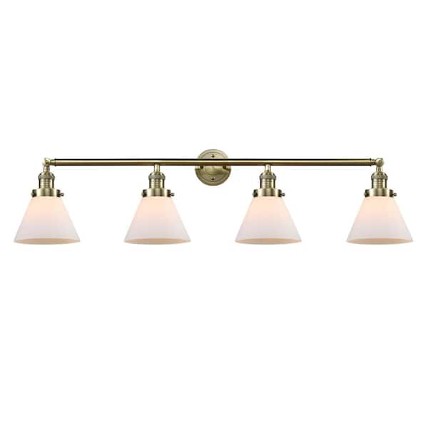 Cone 43.75 in. 4 Light Antique Brass, Matte White Vanity Light with White Glass Shade