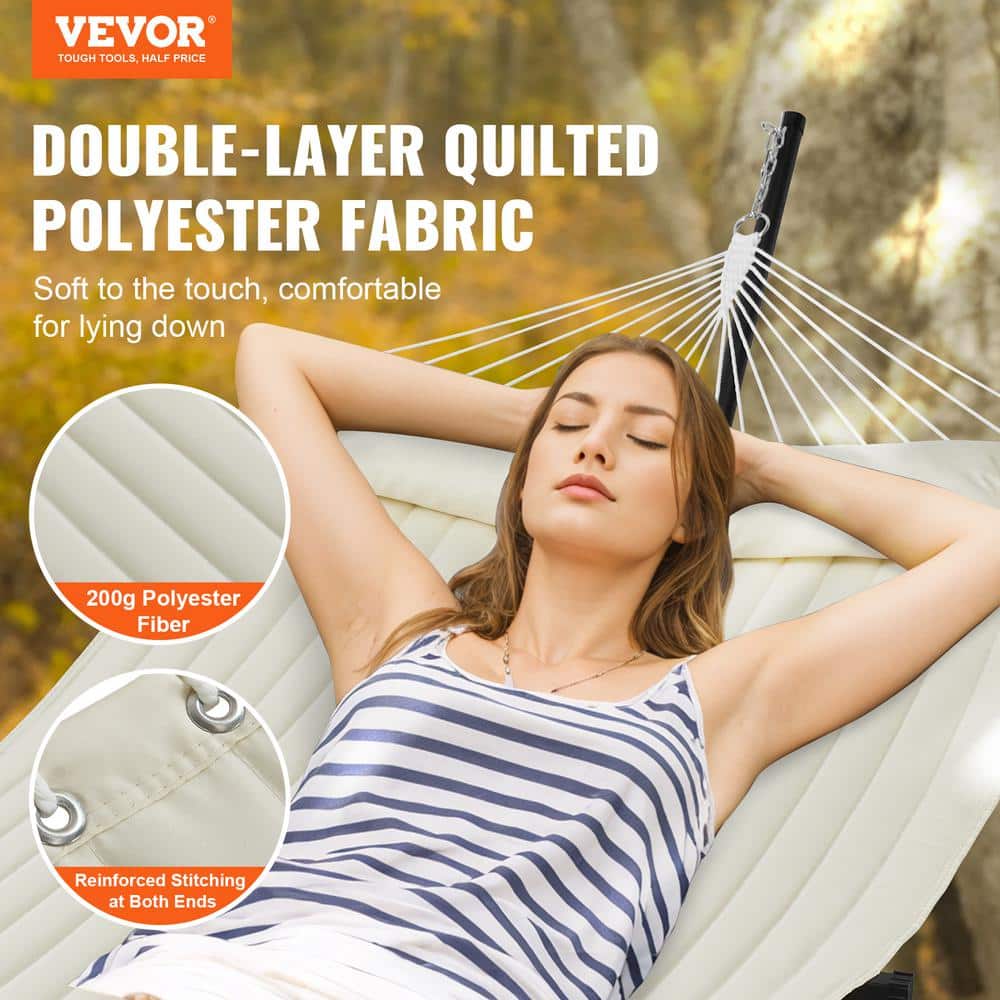 Cream Double Quilted Fabric Hammock with Bamboo Spreader Bars and Stand