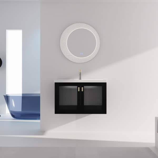 Unbranded 32 in. W x 18 in. D x 21 in. H Wall-Mounted Bathroom Vanity in Black with Soft-Close Door with White Ceramics Sink Top