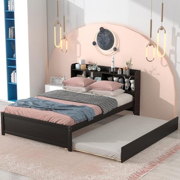 Espresso Brown Wood Frame Full Size Platform Bed with Trundle and Bookcase