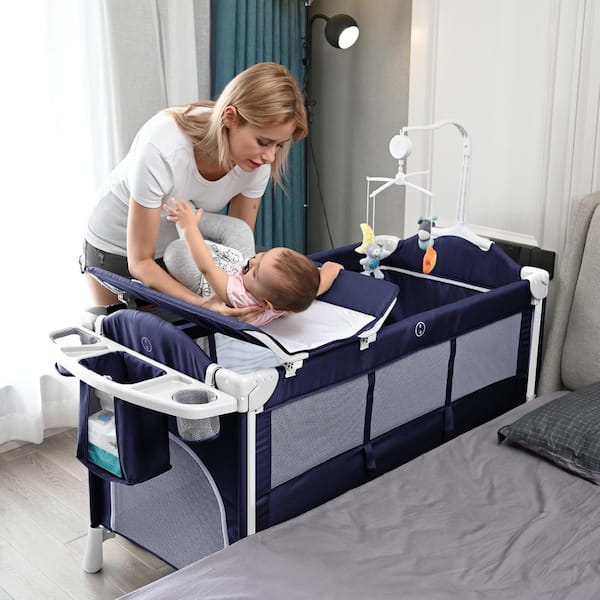 Politiek verwijderen Ontstaan FUFU&GAGA Adjustable Blue Nursery Center Bed Side Crib, Baby Bed Playard,  Infant Bassinet with Diaper Changer and Hanging Toys ZCF0031EB-1 - The Home  Depot