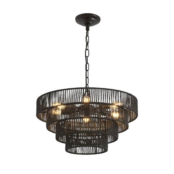 Bohemian 6-Light 4-Tier Black Woven Rattan Round Chandelier for Living Room Kitchen Island with No Bulb Included