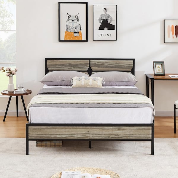 Bed Frame Gray Metal Frame Full Size Platform Bed with Wooden Headboard, Strong Metal Slat Support and Under-Bed Storage
