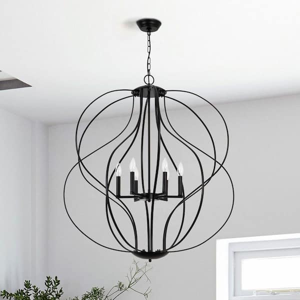 Frankfort 6-Light Black Unique Geometric Cage Chandelier Wrought Iron Accents