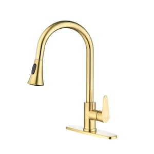 RN Single Handle Pull Down Sprayer Kitchen Faucet with 2 Modes in Brushed Gold