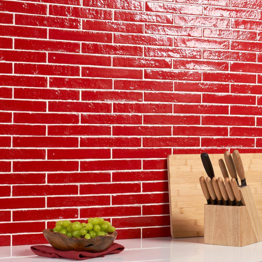 Crimson Red Glossy Ceramic Subway Wall Tile, 2-in x 9-in