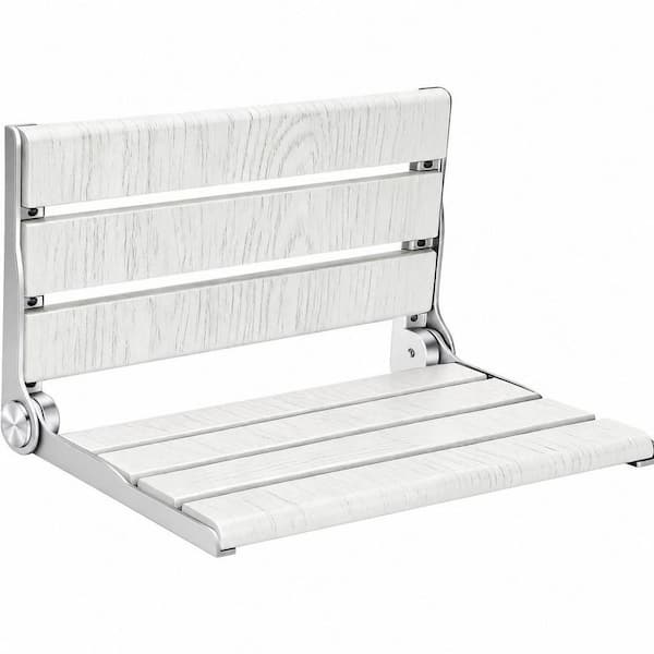 16 in. Wall Mounted Folding Teak Shower Seat in White, Shower Bench for Disableds and Pregnants
