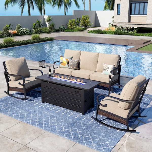 PHI VILLA 4-Piece Black Metal Outdoor Patio Conversation Set with Rocking Chairs, 50000 BTU Fire Pit Table and Beige Cushions