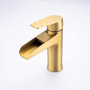 Mondawell Open Waterfall Single-Handle Single-Hole Low Arc Bathroom Faucet with Drain and Supply Lines in Brushed Gold