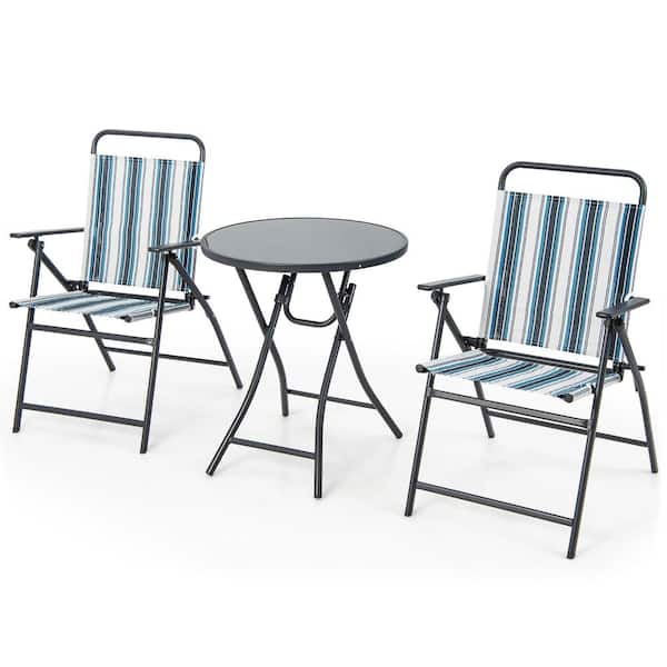Gymax 3-Piece Metal Folding Chair Set with 2 Chairs and Glass Round Coffee Table Porch Deck Backyard Patio Conversation