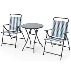 3-Piece Metal Folding Chair Set with 2 Chairs and Glass Round Coffee Table Porch Deck Backyard Patio Conversation