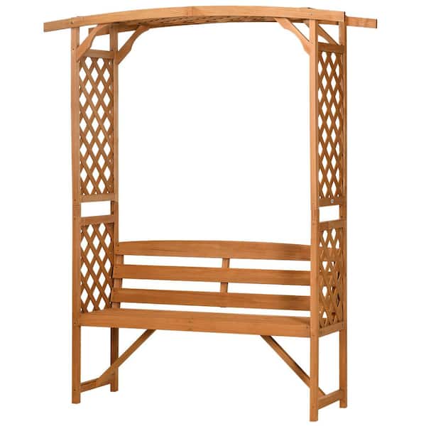 Zeus & Ruta 63 in. 3-Person Brown Wood Outdoor Bench Patio Garden Bench Arbor with Pergola and 2-Trellises for Climbing Plants