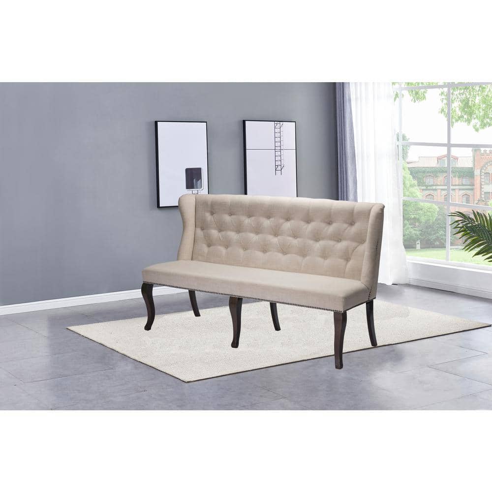 Beige Linen Upholstered Dining Bench with Cappuccino Wood Legs