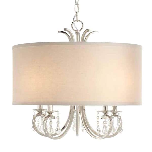 Home Decorators Collection 5-Light Polished Nickel Chandelier with White Linen Drum Shade and Dangling Glass Beads