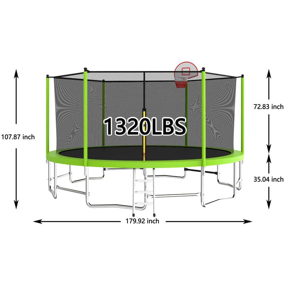 15FT Green Round Trampoline with Enclosure and Basketball Hoop