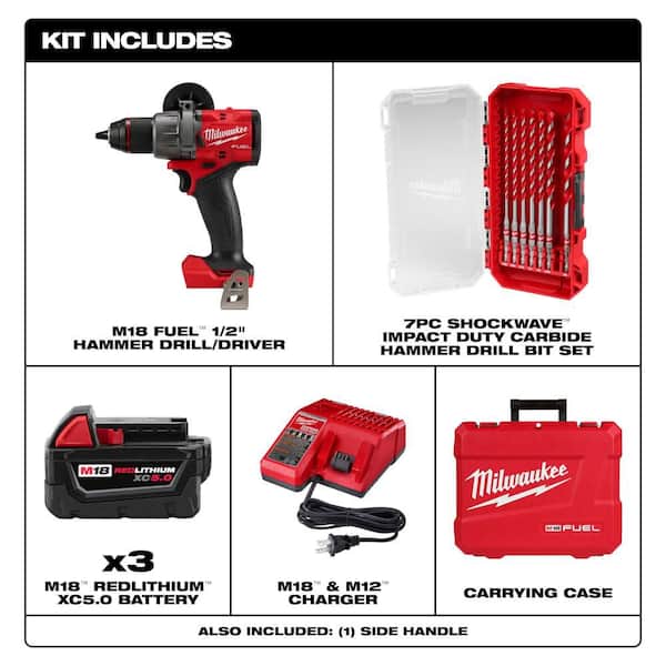 M18 FUEL 18V 1/2 in. Hammer Drill Kit w/ (3) 5. 0Ah Batteries, Hard Case with 7-Pc Carbide Bit Kit