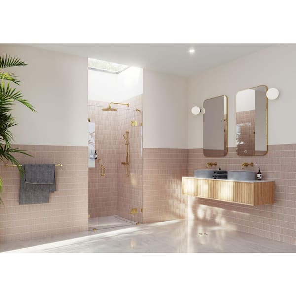 Glass Warehouse Stellar 39.25 in. W x 78 in. H Glass Hinged Pivot Frameless 3-Panel Inline Shower Door in Polished Brass